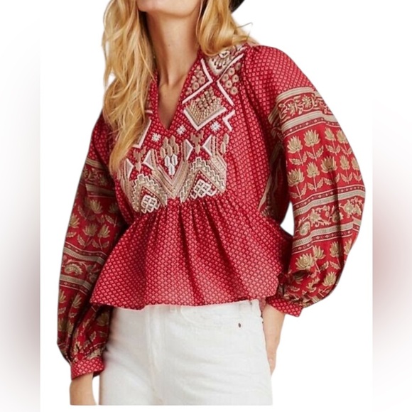 Anthropologie Tops - Anthropologie Keira Embroidered Peplum Blouse top shirt v neck Boho Size 8. A25